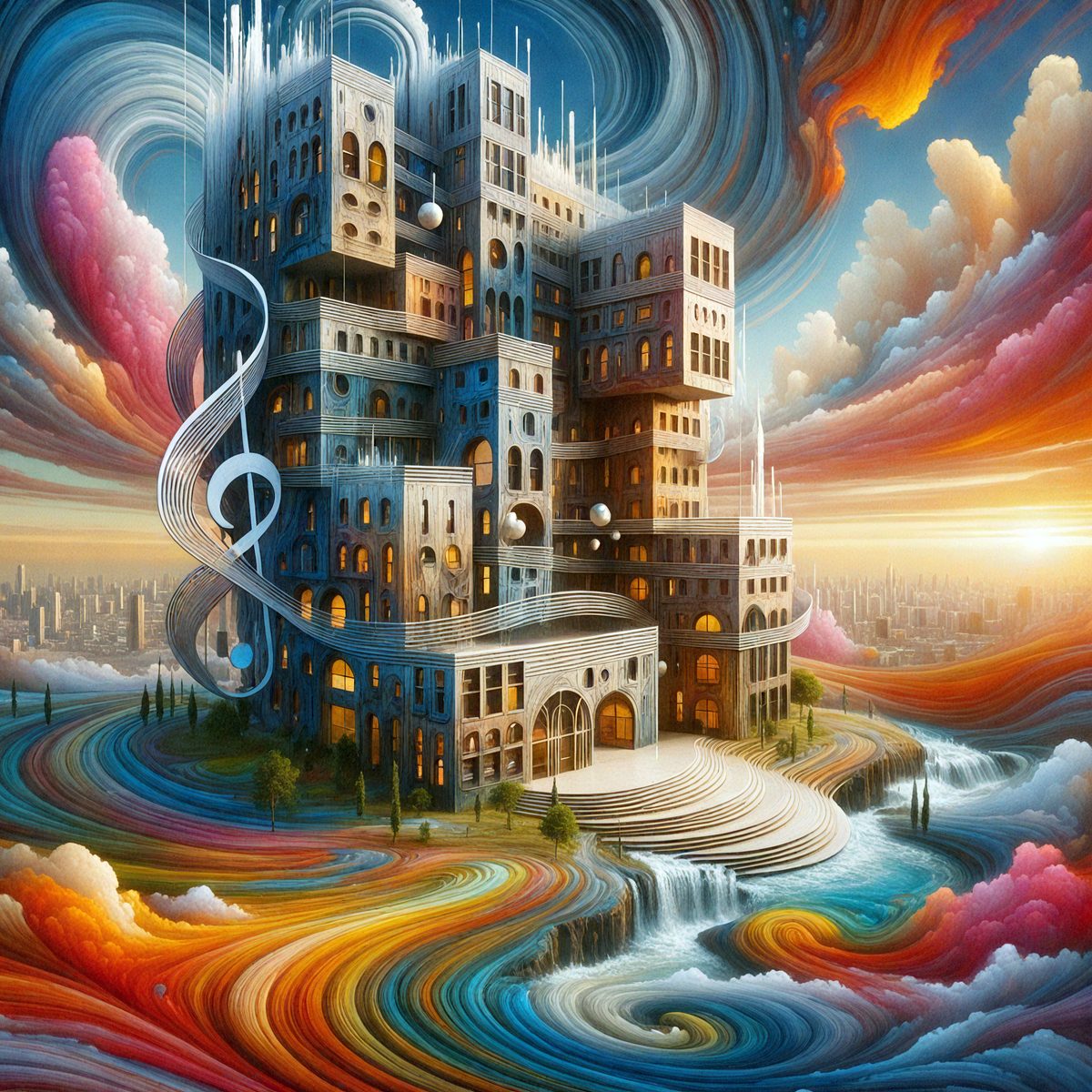 The image features a colorful painting of a city with a colorful skyline and a waterfall. The building is surrounded by colorful clouds, creating a surreal and colorful atmosphere. The painting is composed of various colors and shapes, resulting in a colorful and abstract composition. The building is surrounded by a colorful skyline, with a waterfall and a cityscape in the background. The building is composed of several buildings, with the tallest building occupying the center of the image. The building is surrounded by colorful clouds, creating a sur